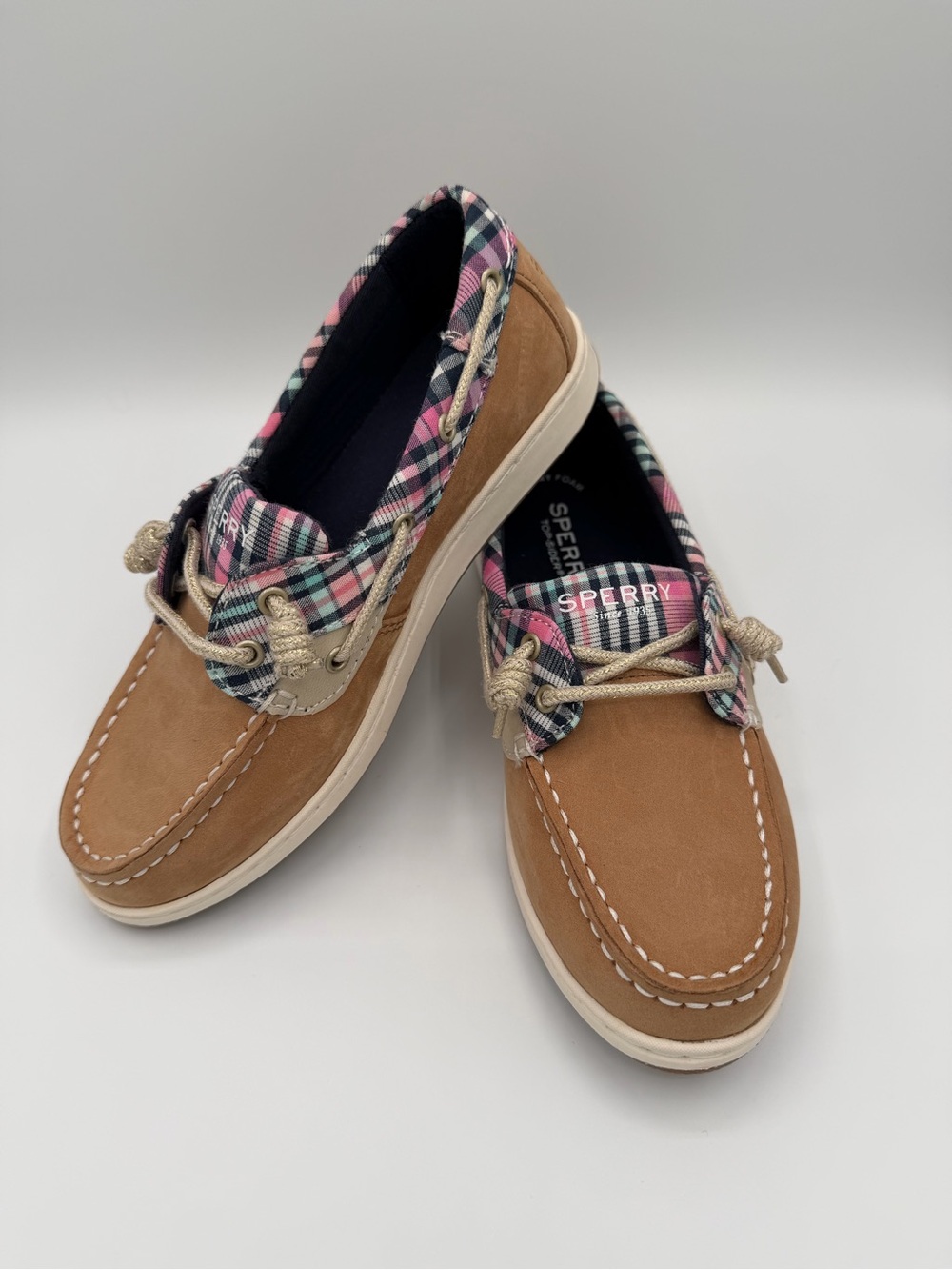 Sperry Kids Tan Boat Shoes with Pink & Navy Plaid Trim